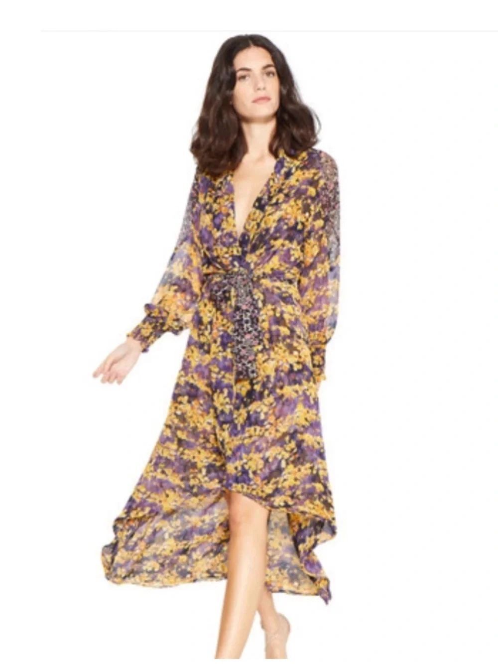 MISA Los Angeles Floral Wrap Dress Purple Yellow Smocked Cuff Sz L